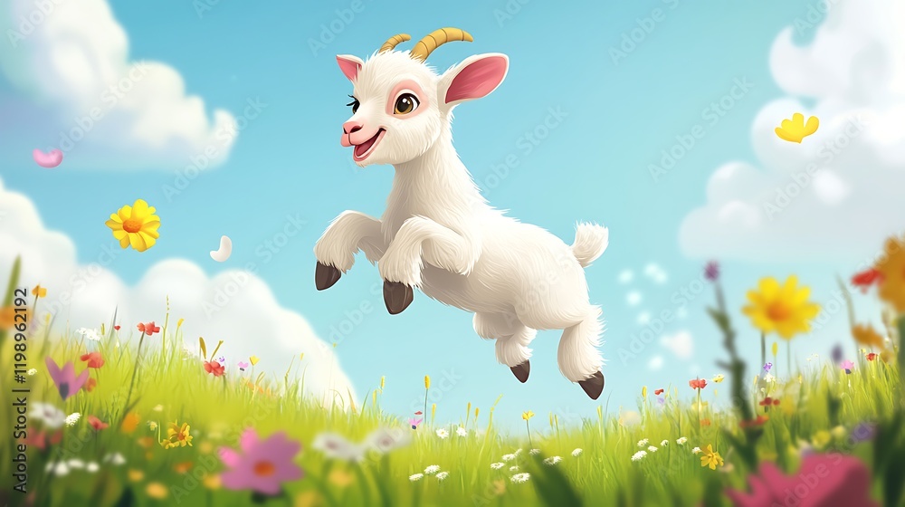 Fototapeta premium Little funny baby goat jumping in the field with flowers.