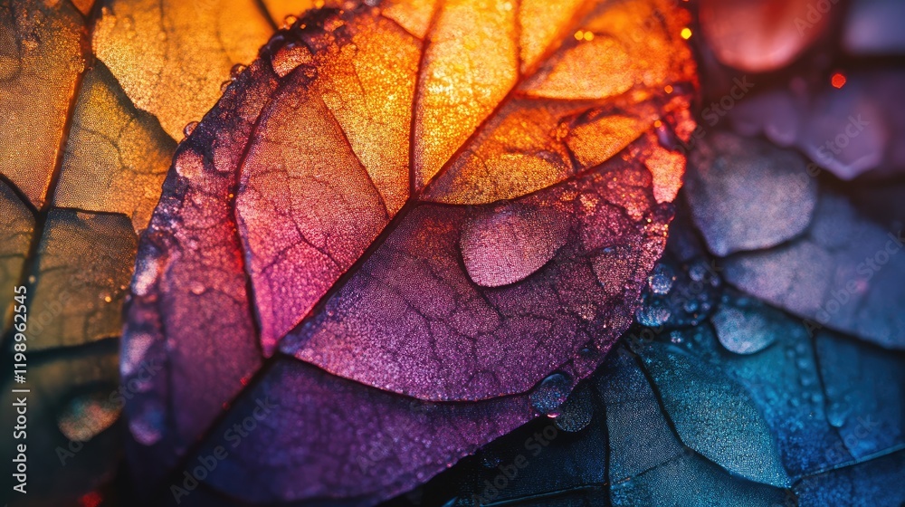 Fototapeta premium Colorful translucent leaves with water droplets, close-up view, rich texture and detail, vibrant hues, Copy Space available.