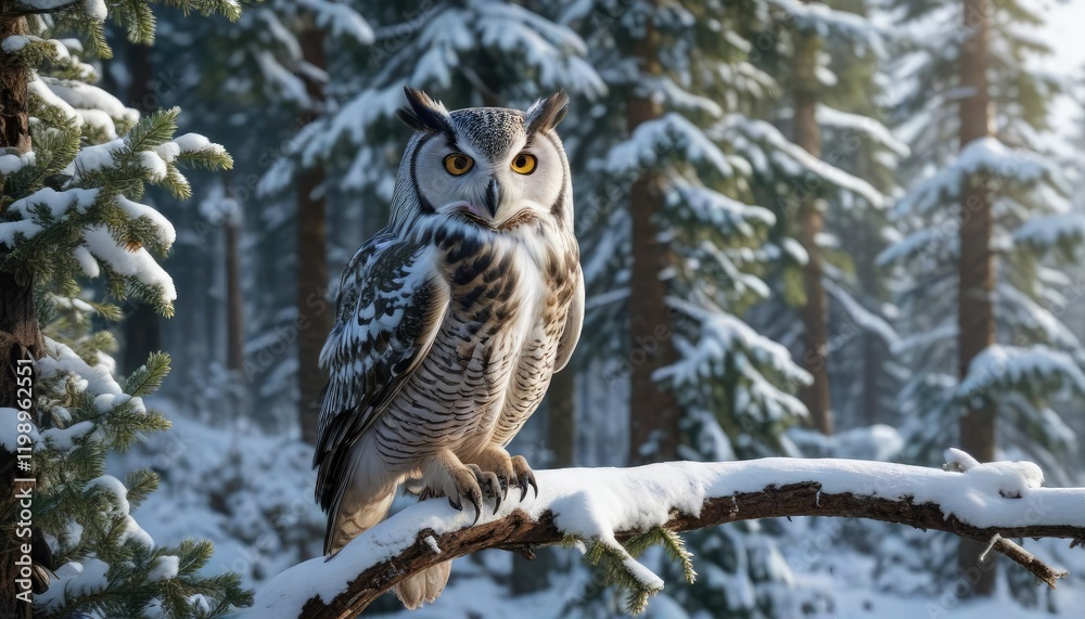 A snow-covered forest with a majestic owl perched on a branch of a towering fir tree, peaceful , frosty, owl A snow-covered forest with a majestic owl perched on a branch of a towering fir tree, peaceful , frosty, owl