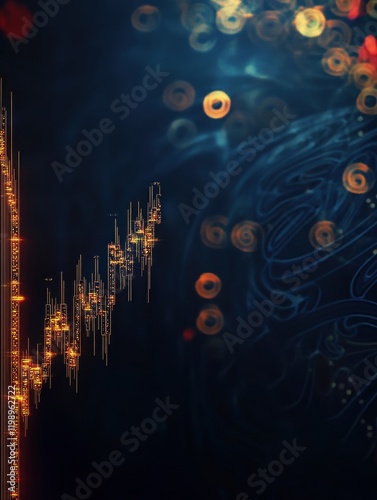 Perspective view of stock market growth business investing and data concept with digital financial chart graphs diagrams and indicators on dark blue blurry background photo