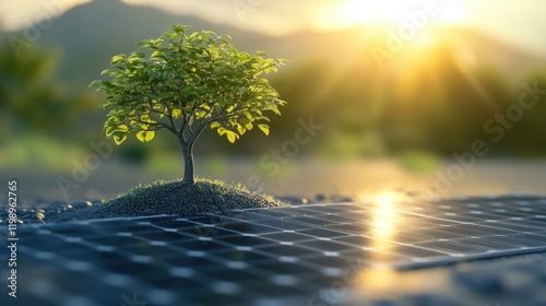 Green Energy Concept with Tree Growing Next to Solar Panels