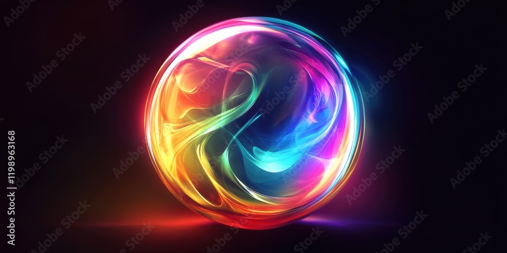 Naklejka premium A glowing abstract orb with swirling rainbow gradients inside, surrounded by soft light flares, set against a minimalist black background