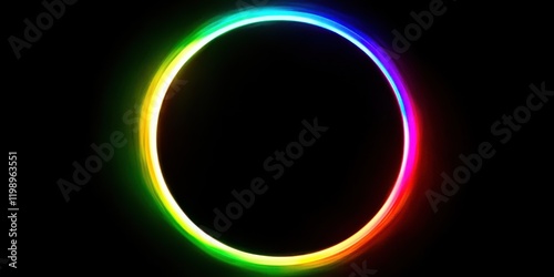 A glowing circle of rainbow light, radiating outwards with soft, blurred edges, on a minimalist black background