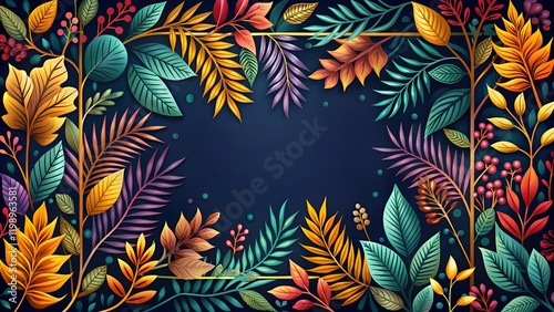 Dark Botanical Frame with Golden Elements for Premium Design Applications
