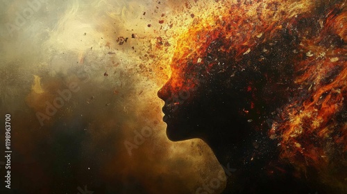 Abstract art depicting a human head engulfed in fire. Conceptual image representing inner strength and power. photo