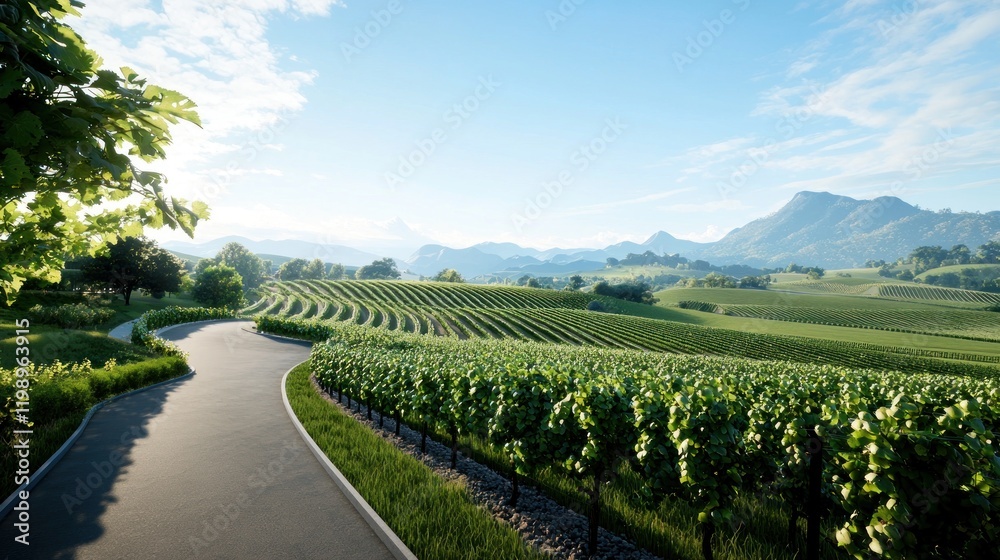 Fototapeta premium Scenic vineyard landscape with rolling hills and a winding road.