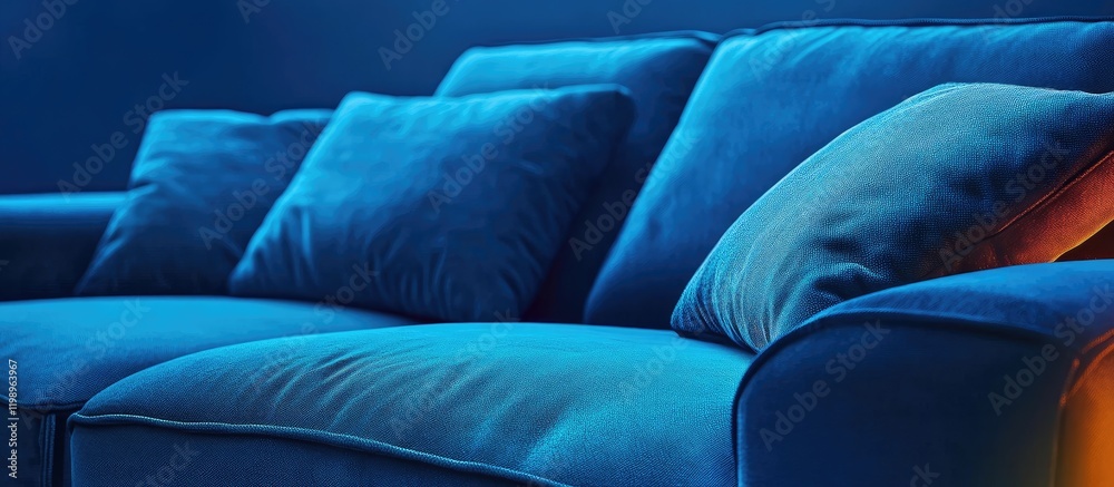 Obraz premium Elegant close-up of a luxurious blue velvet sofa with plush cushions illuminated by vibrant neon lighting in a contemporary living space