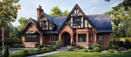 Elegant Tudor-style residence featuring timber framing, lush greenery, and well-maintained garden, with clear blue skies and ample space for text.