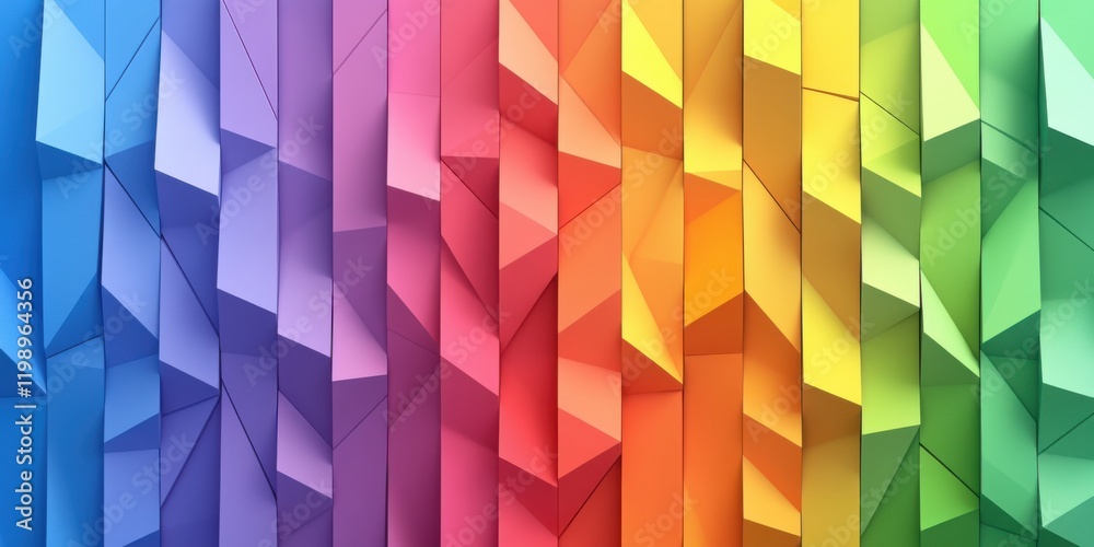 Fototapeta premium Abstract geometric design with triangles and polygons in soft rainbow gradients, layered to create depth, and set on a minimalist light gray background