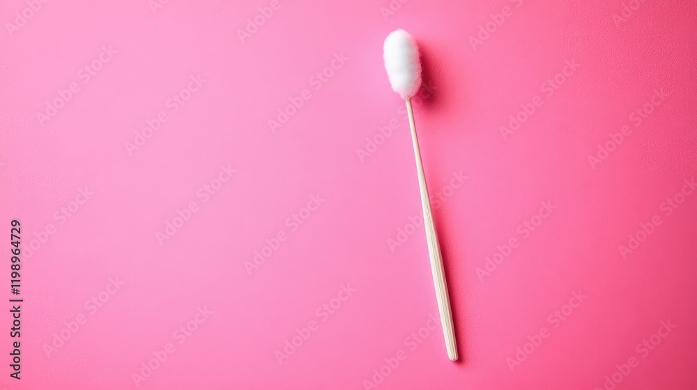 Cotton Swab Positioned on Smooth Pink Background with Ample Copy Space for Text and Clean Aesthetic Design. Cotton Swab Positioned on Smooth Pink Background with Ample Copy Space for Text and Clean Aesthetic Design.