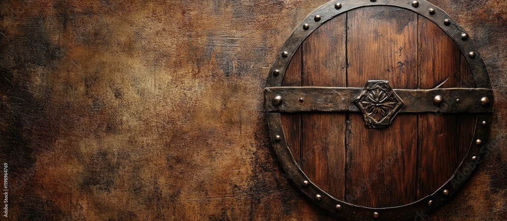 Fototapeta premium Close up of an aged wooden medieval shield adorned with metal studs mounted on a textured brown wall, providing space for text overlay