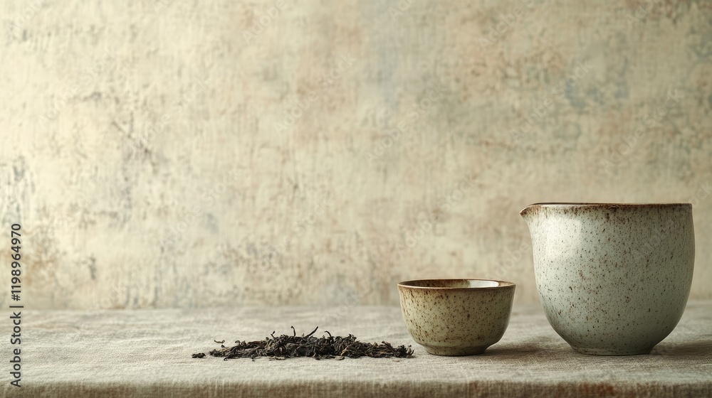 Fresh Green Tea in Rustic Ceramic Cups and Pot with Dried Tea Leaves on Soft Textured Beige Paper Background with Ample Empty Space for Copy Fresh Green Tea in Rustic Ceramic Cups and Pot with Dried Tea Leaves on Soft Textured Beige Paper Background with Ample Empty Space for Copy