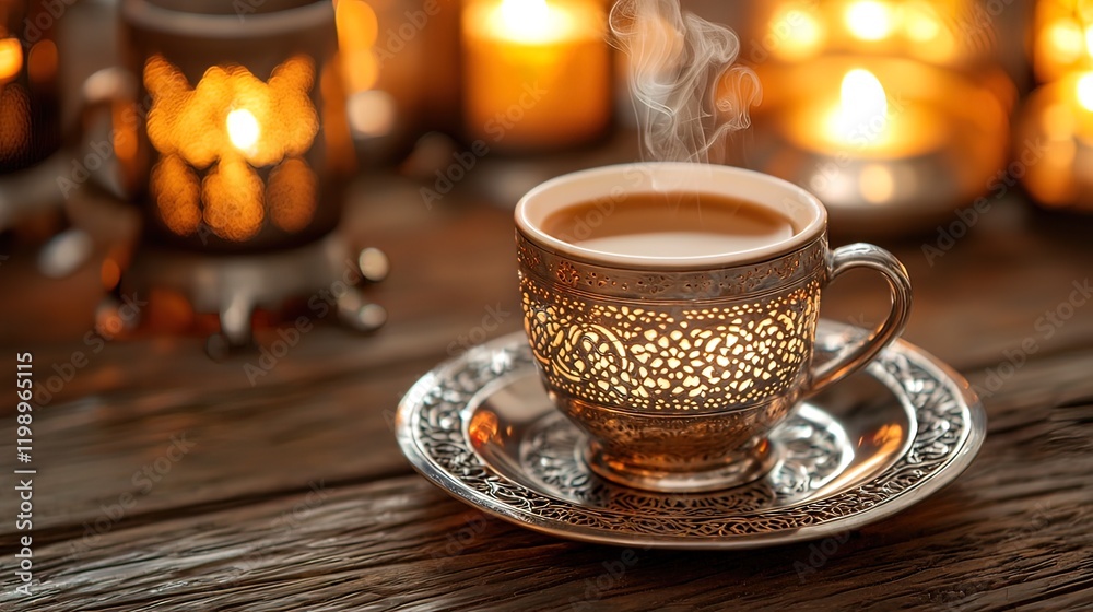 Steaming cup of tea in ornate metallic cup and saucer on wooden table with candles. Steaming cup of tea in ornate metallic cup and saucer on wooden table with candles.