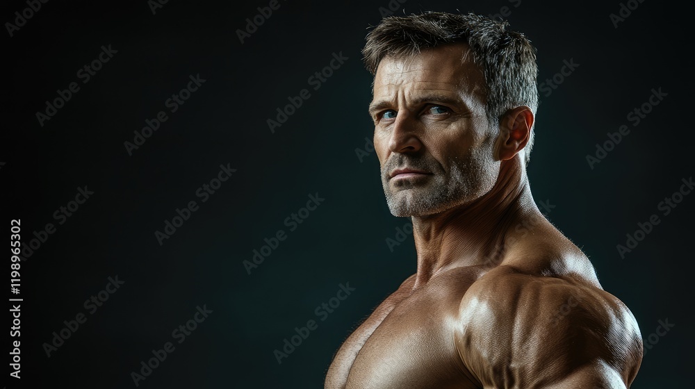 Close up portrait of a muscular middle aged Caucasian male bodybuilder against a dark black background with empty space for text and dramatic lighting. Close up portrait of a muscular middle aged Caucasian male bodybuilder against a dark black background with empty space for text and dramatic lighting.