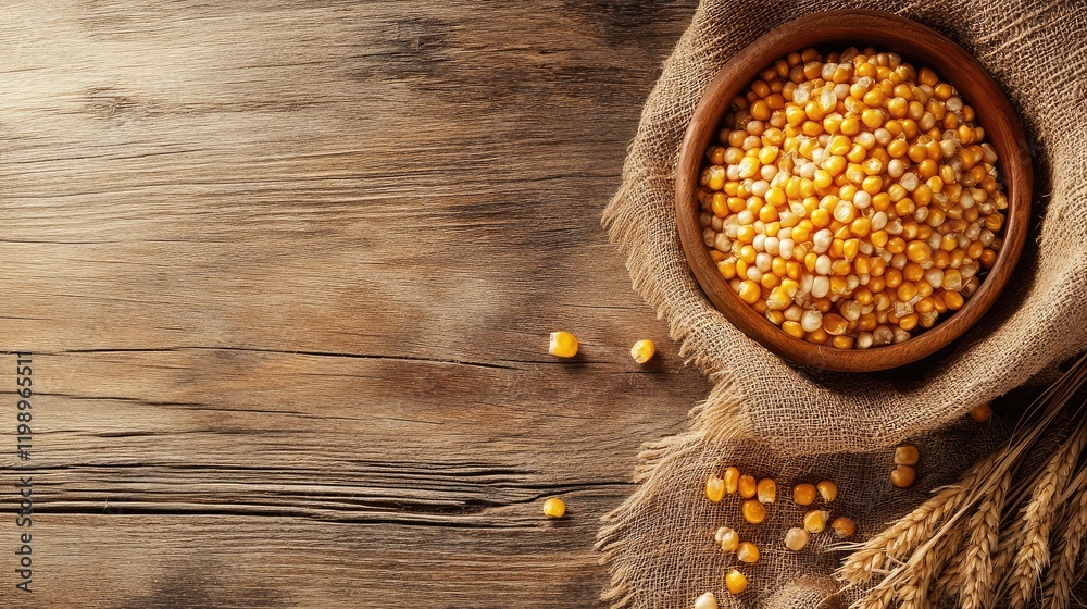 Fresh yellow corn kernels in a rustic wooden bowl on burlap fabric atop a weathered wooden table, bright light illuminating the scene with empty text space. Fresh yellow corn kernels in a rustic wooden bowl on burlap fabric atop a weathered wooden table, bright light illuminating the scene with empty text space.
