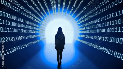 Silhouette of Person Walking Through Tunnel of Binary Code Journey into Digital World of Technology, Discovery, and Light in Futuristic Atmosphere
