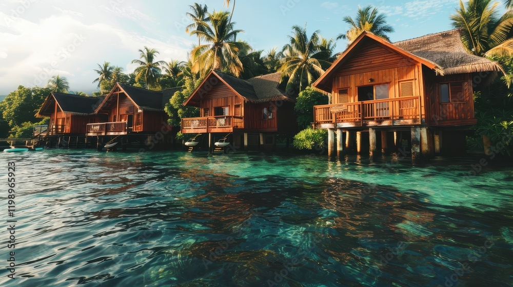 Obraz premium Tropical wooden bungalows over crystal clear waters with green palm trees