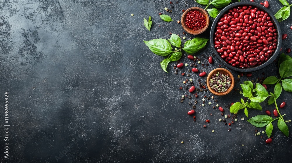 Red kidney beans in various bowls surrounded by fresh basil, scattered spices on a dark textured background with copy space for text.