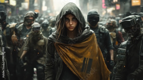 Fierce Defiance, A powerful female leader stands boldly amidst a chaotic crowd, embodying rebellion and individuality in a striking dystopian setting.
