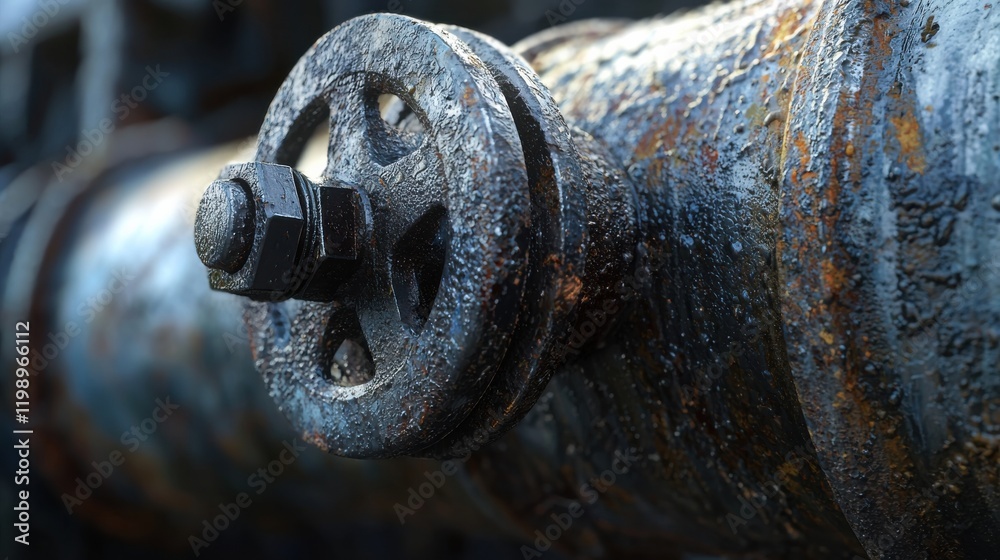 Close-up of a weathered metal valve on a rusty pipe showcasing intricate details and textures in an industrial setting Close-up of a weathered metal valve on a rusty pipe showcasing intricate details and textures in an industrial setting