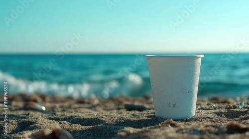 Discarded white plastic cup resting on sandy beach with ocean waves in background and clear blue sky above