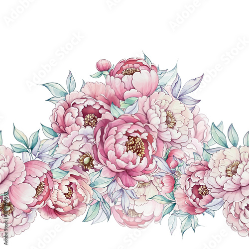 Vibrant pink and cream peonies mix with soft green leaves, creating an elegant floral display that brightens any space seamless pattern, ornament