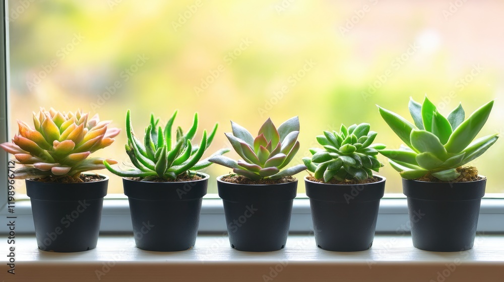 Fototapeta premium Close Up of Vibrant Succulent Plants in Black Pots on Bright Windowsill with Soft Focus Background and Ample Empty Space for Text