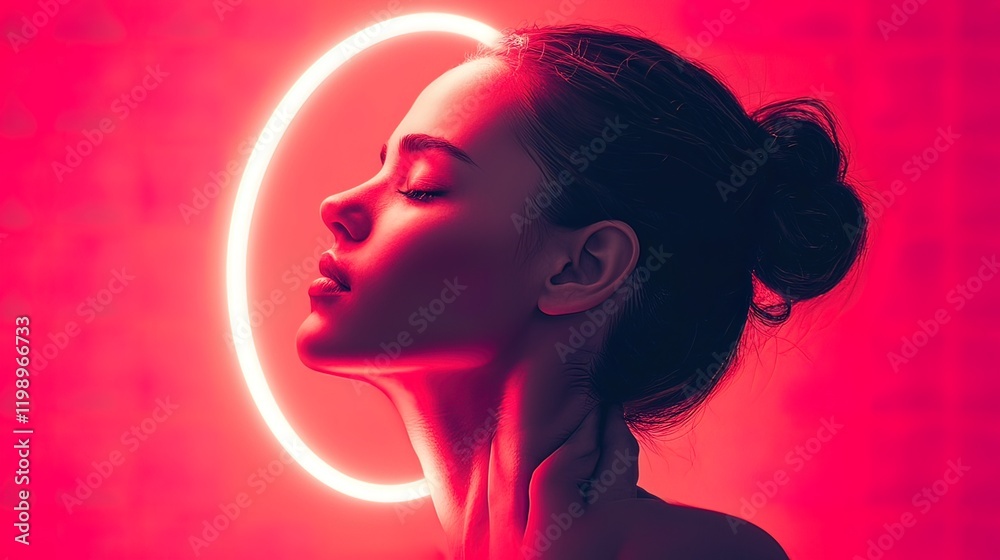 Woman's profile illuminated by a red neon halo, eyes closed, serene expression. Woman's profile illuminated by a red neon halo, eyes closed, serene expression.