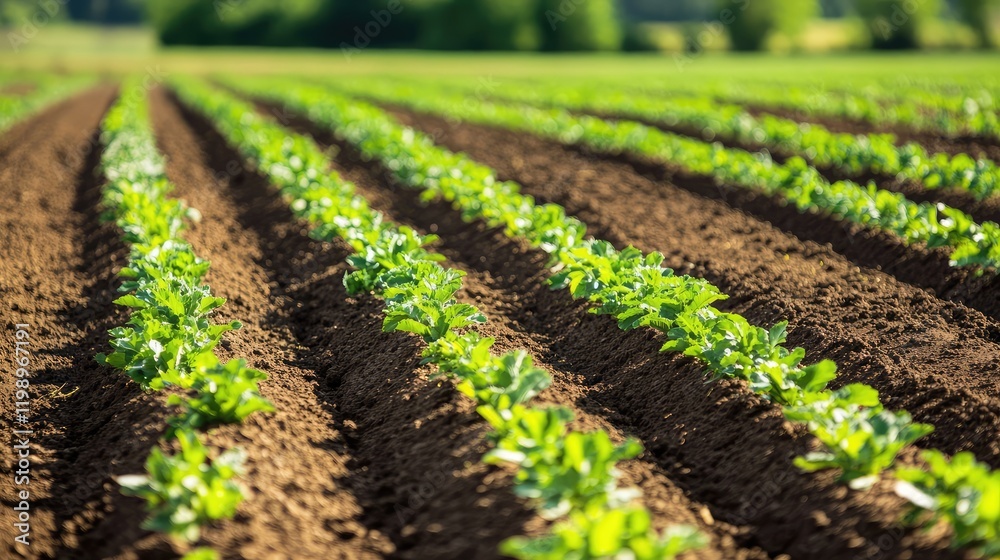 Aerial photograph of neatly arranged green plant rows in a cultivation field with blurred background and clear focus on soil texture. Aerial photograph of neatly arranged green plant rows in a cultivation field with blurred background and clear focus on soil texture.
