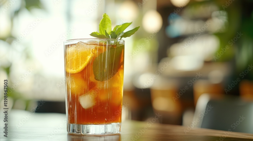 Refreshing iced tea beverage in clear glass with fresh mint and citrus slices on wooden table in modern restaurant with soft blurred background Refreshing iced tea beverage in clear glass with fresh mint and citrus slices on wooden table in modern restaurant with soft blurred background