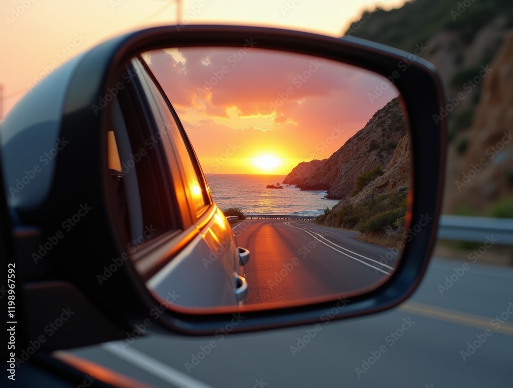 Sunset reflections in side mirror during coastal drive by the ocean Sunset reflections in side mirror during coastal drive by the ocean