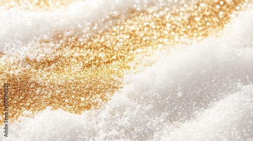 Glistening golden snowflakes shimmering on a white snowy landscape with soft focus texture ideal for seasonal promotions and creative copy space