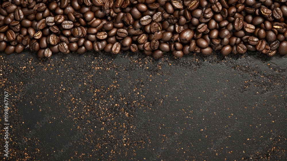 Freshly Roasted Dark Coffee Beans Spread on a Black Conveyor Belt with Generous Empty Space for Text and Creative Design Elements Freshly Roasted Dark Coffee Beans Spread on a Black Conveyor Belt with Generous Empty Space for Text and Creative Design Elements