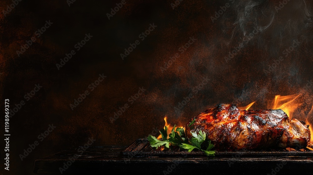 Close-up of grilled meat with flames and smoke on a rustic wooden surface with blank space for text or overlay. Close-up of grilled meat with flames and smoke on a rustic wooden surface with blank space for text or overlay.