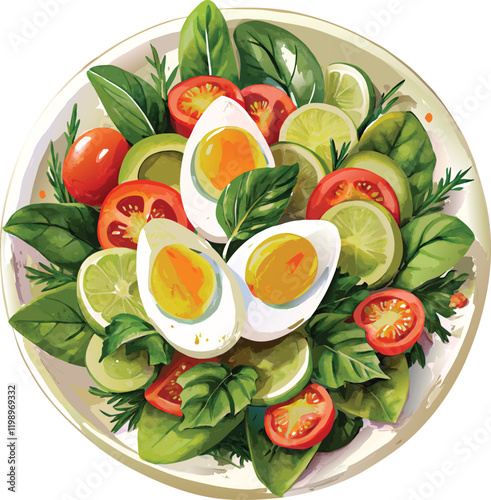 Boiled egg salad with fresh vegetables and herbs on white plate, healthy, food, salad, boiled egg, vegetable, fresh, nutritious