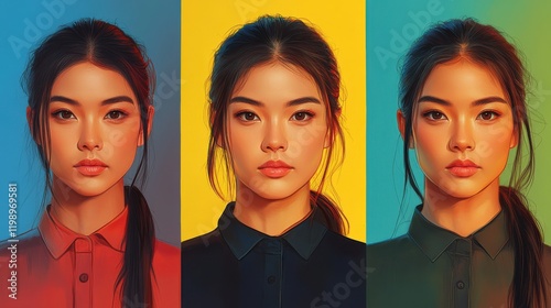 Generative ai portrait of beautiful asian woman on different color background