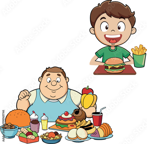 Obese man eating a lot compared to a fit boy eating correctly