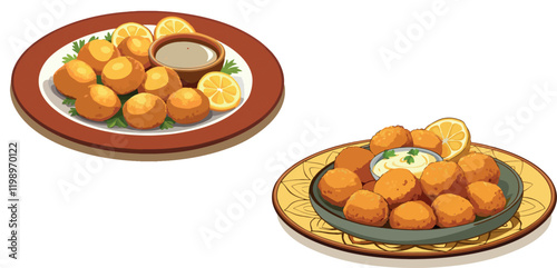 Delicious falafel balls served on plates with dipping sauces and lemon wedges