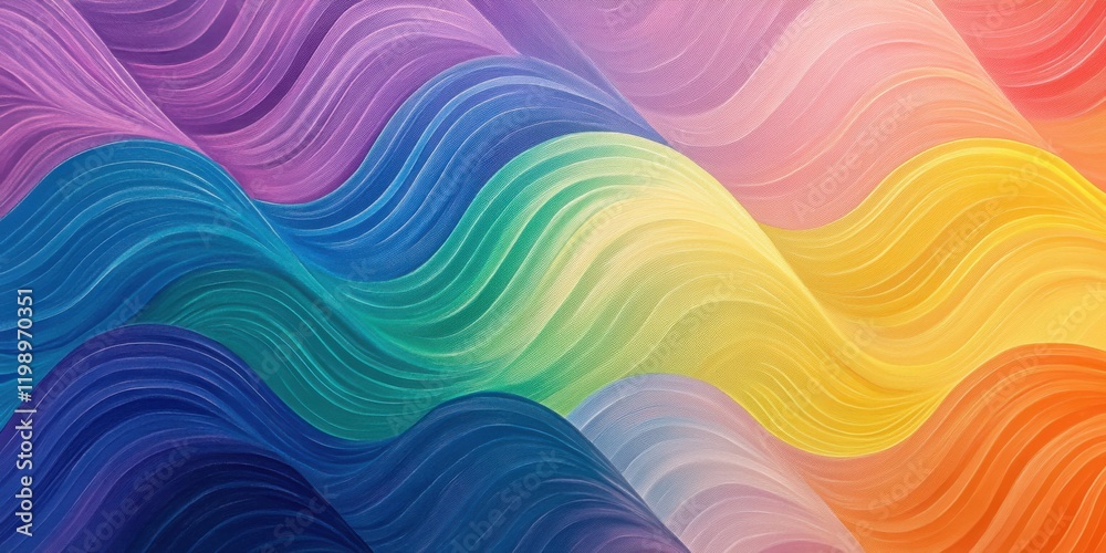 Obraz premium Abstract wavy lines in alternating rainbow gradients, forming a rhythmic and harmonious modern art pattern on a sleek canvas