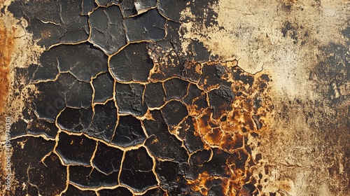 Close up view of blackened cracked texture on burned surface with golden and brown tones depicting fire damage and empty space for text photo