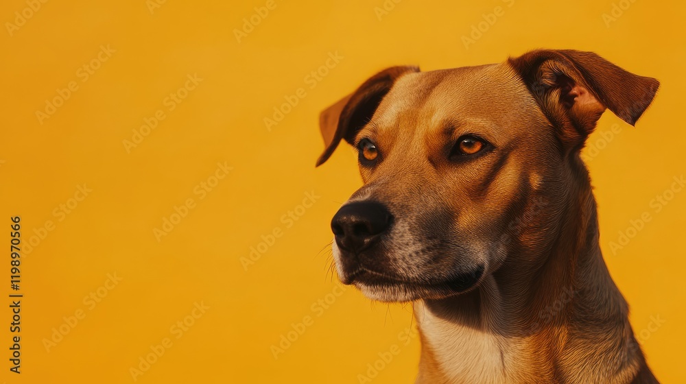 Portrait of a mixed breed dog with a focused expression against a vibrant orange background, featuring ample empty space for text insertion. Portrait of a mixed breed dog with a focused expression against a vibrant orange background, featuring ample empty space for text insertion.