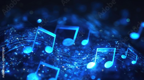 Glowing blue musical notes on a dark background with soft bokeh effects, ideal for music-related projects and creative text placements.
