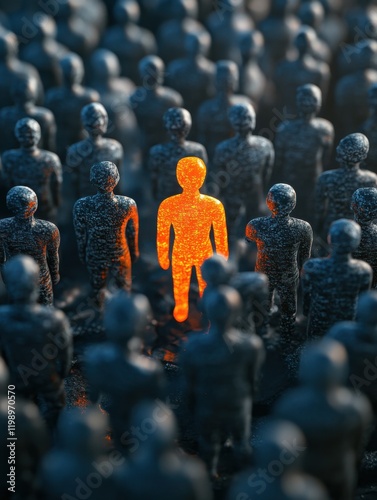 A group of grey human shaped figures with one glowing orange figure in the center standing out, symbolizing leader and strong presence among others Generative AI photo