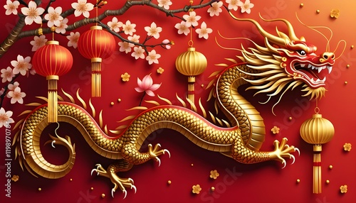 Wallpaper Mural Golden Dragon and Cherry Blossoms: A Festive Lunar New Year Design Torontodigital.ca