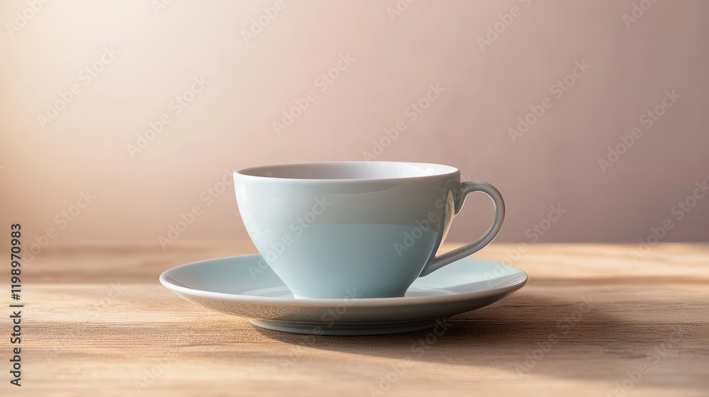 Minimalist close-up of a light blue coffee cup on a white saucer, positioned on a wooden table with soft background lighting. Minimalist close-up of a light blue coffee cup on a white saucer, positioned on a wooden table with soft background lighting.
