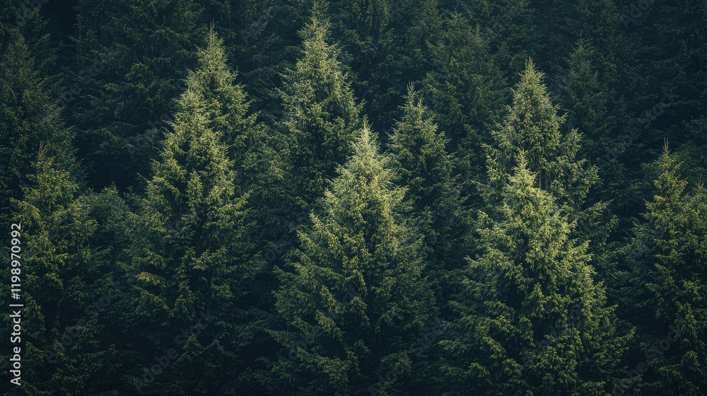 Fototapeta premium Close up of lush green conifer trees in a dense forest background with soft natural light and ample empty space for text at the top
