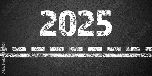 Asphalt road with white lane marking, concrete highway surface, texture. New year 2025. Street traffic line, road dividing strip. Pattern grainy structure, grunge background. Vector illustration