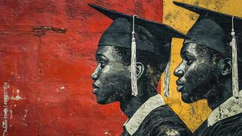 Close up of graduation cap against textured red and yellow wall with graduates reflecting on migration and apartheid in urban setting, empty copy space