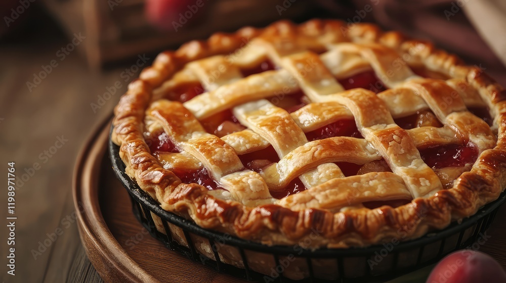 Mini fruit pie with golden lattice crust on wooden tray, rustic background, empty space for text, warm tones, close-up photography. Mini fruit pie with golden lattice crust on wooden tray, rustic background, empty space for text, warm tones, close-up photography.