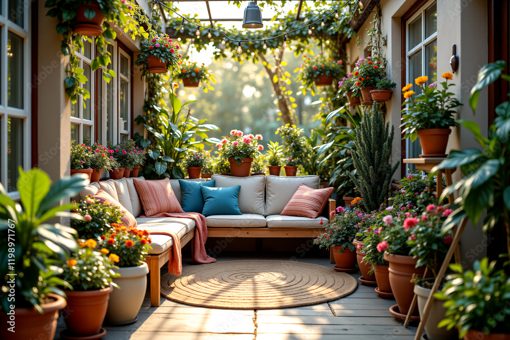 Obraz premium Cozy Family Balcony Garden with Lush Greenery and Vibrant Flowers